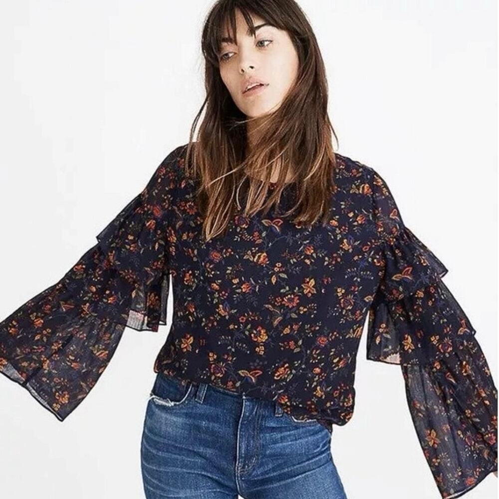 Madewell Navy Blue Floral Chiffon Ruffle Tiered Long Sleeve Blouse Top Size S
